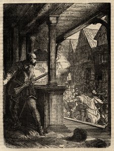 Moord op de Regent Murray (James Stewart Moray) - James Stewart Moray (ca. 1531-70), Regent van Schotland voor Koning James VI - Gravure uit 