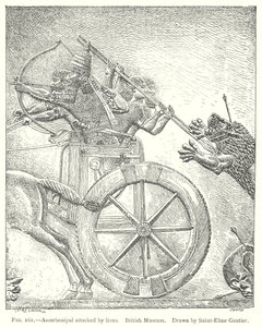 Assurbanipal aangevallen door leeuwen. Brits Museum (gravure) door English School