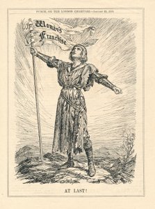 Eindelijk, illustratie van vrouwelijke krijger die het vrouwenkiesrecht viert, Punch, 23 januari