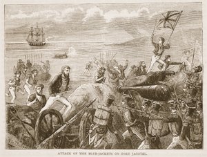 Aanval van de Blauwjassen op Port Jacotel, illustratie uit Cassells Geïllustreerde Geschiedenis van India door James Grant, uitgegeven 1879 door English School