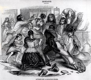 Aanval op een aardappelopslag in Ierland, ca. 1845