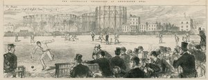 Australische cricketspelers bij Kennington Oval: Lord Harris (kapitein van het Engelse team) redt een 4