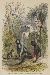 Australische inboorling en Engelse reiziger (gekleurde gravure)