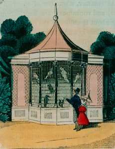 Volière voor papegaaien en kaketoes in de dierentuin van Londen. 1840s