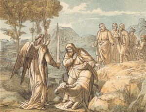 Bileam en de engel (gekleurde gravure)