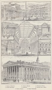 Bank of England, Douanehuis, Mansion House, Beurs, Stadhuis, Hoofdpostkantoor, Trinity House, Koninklijke Beurs (gravure)