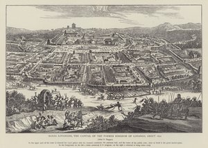 Banza Lovangiri, de hoofdstad van het voormalige koninkrijk Lovango, circa 1670 door English School