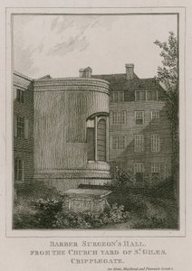 Barber Surgeons Hall, Monkwell Street, Londen, gezien vanaf het kerkhof van St Giles, Cripplegate door English School
