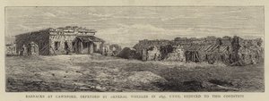 Kazerne in Cawnpore, verdedigd door generaal Wheeler in 1857, tot deze toestand gereduceerd (gravure) door English School