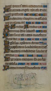 Thomas Becket en metgezellen steken het Kanaal over in een boot terwijl ze in ballingschap gaan naar Frankrijk (illustratie uit de 