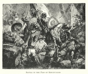 Slag in de pas van Roncevalles (gravure) door English School