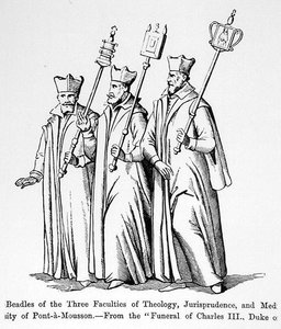 Dienaren van de Drie Faculteiten van Theologie, Rechtsgeleerdheid en Geneeskunde, uit De Begrafenis van Karel III (1543-1608) Hertog van Lotharingen, illustratie uit Wetenschap en Literatuur in de Middeleeuwen en de Renaissance, geschreven en gegraveerd do door English School