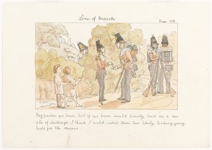 Beg Pardon, meneer, maar als u mij vriendelijk een paar shillings zou willen lenen, denk ik dat ik die twee veelbelovende jonge jongens voor de drums zou kunnen werven, ca. 1850 (aquarel op papier)