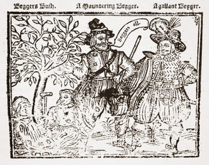 Beggars All: Beggars Bush, een zwervende bedelaar en een galante bedelaar, titelpagina van The Praise, Antiquity and Commodity of Beggary, Beggars and Begging