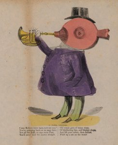 Blaasbalg die een hoorn blaast (gekleurde gravure)