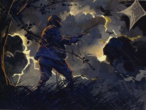 Benjamin Franklin vloog op een vlieger in een hevig onweer (kleurenlitho) door English School