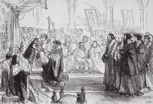Beza presenteert de belijdenis van de Franse protestantse kerk aan de koning op de Colloquium van Poissy, illustratie uit De Geschiedenis van het Protestantisme door James Aitken Wylie, gepubliceerd in 1878 door English School