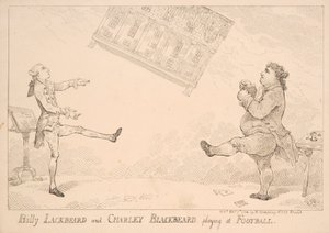 Billy Blackbeard en Charley Blackbeard spelen voetbal, satirische cartoon verwijzend naar de East India Bill, gepubliceerd door W. Humphrey, 1744 door English School