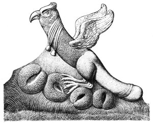 Vogel met gespreide vleugels en een fallische staart zittend op vier eieren, Gallo-Romeinse sculptuur uit Nîmes in Frankrijk
