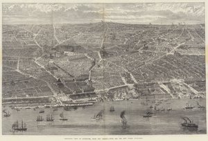 Vogelvlucht van Liverpool, vanaf de Mersey, met alle nieuwe openbare gebouwen door English School
