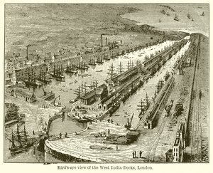Vogelvlucht van de West India Docks, Londen door English School