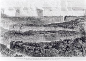 Vogelvlucht van de Grote Cataracten van de Zambesi (Victoria Falls) uit Verhaal van een Tentoonstelling naar de Zambesi en zijn Zijrivieren, gepubliceerd 1865 door English School