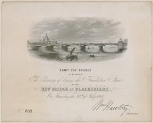 Blackfriars Brug. Uitnodiging voor ceremonie voor het leggen van de eerste steen, 20 juli 1865 door English School