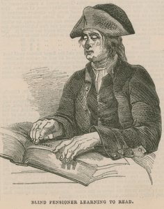 Blinde gepensioneerde leert lezen (gravure)