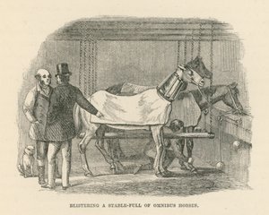 Het blaren van een stal vol omnibuspaarden (gravure) door English School
