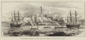 Bombardement van Mombasa door HMS Nassau en Rifleman en boten van HMS London (gravure) door English School
