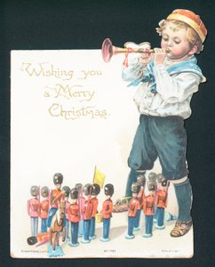 Jongen speelt met tinnen soldaatjes en blaast op trompet, Kerstkaart