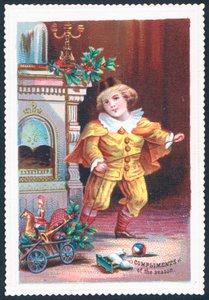 Jongen speelt met speelgoed, kerstkaart door English School