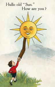 Jongen zegt de zon gedag (kleurenlitho)