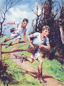 Jongens nemen deel aan een papierrace