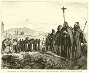 Broeders van de Misericordia dragen het lichaam van een man die is gedood in de Romeinse Campagna door English School