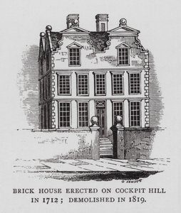 Bakstenen Huis gebouwd op Cockpit Hill in 1712; gesloopt in 1819 door English School