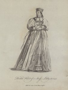 Bruidsgewoonte van een Zwitserse dame in 1577 (gravure) door English School