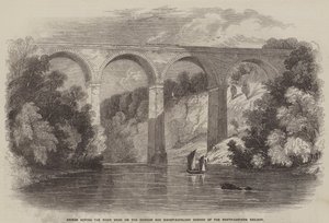 Brug over de rivier de Wear op de Durham en Bishop-Auckland tak van de Noordoostelijke Spoorweg (gravure) door English School