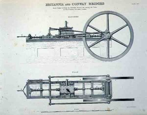 Britannia en Conway Bruggen: Stoommachine die de hydraulische persen bedient voor het heffen van de buizen, door Messrs Easton en Amos uit Londen door English School