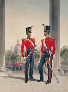 Britse Officieren in India (gekleurde gravure)