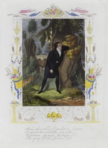 Britse Valentijnskaart met een afbeelding van een verontruste man bij de stam van een boom door English School