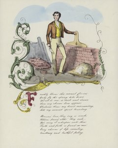 Britse Valentijnskaart met een afbeelding van een man die een muur bouwt
