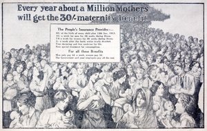 Britse kaart ter promotie van moederschapsuitkering betaald door Nationale Verzekering ingevoerd door Liberale Kanselier van de Schatkist David Lloyd George door English School