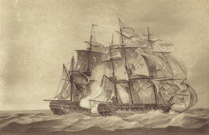 Britse fregat HMS Santa Margarita, onder bevel van kapitein Thomas Byam Martin, vangt het Franse fregat Tamise, juni 1796 door English School