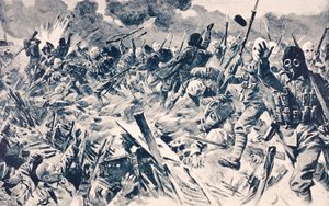 Britse troepen met gasmaskers bestormen Duitse loopgraven bij Loos, Frankrijk, 25 september 1915, uit 