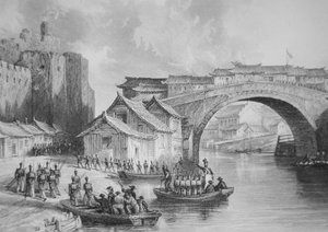 Britse troepen landen bij de Westpoort van Ching Keang tijdens de Opiumoorlogen, illustratie naar een ooggetuigenverslag van Kapitein Stoddard