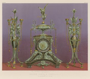 Bronzen klok en kandelaars van M Marchand uit Parijs (chromolitho)