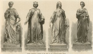 Bronzen allegorische beelden op de pijlers van de Farringdon Street Bridge (gravure) door English School