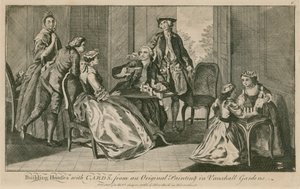 Huizen bouwen met kaarten, van een origineel schilderij in de Vauxhall Gardens, Londen door English School