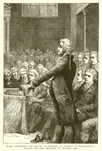 Burke spreekt het Lagerhuis toe ter ondersteuning van Wilberforce
